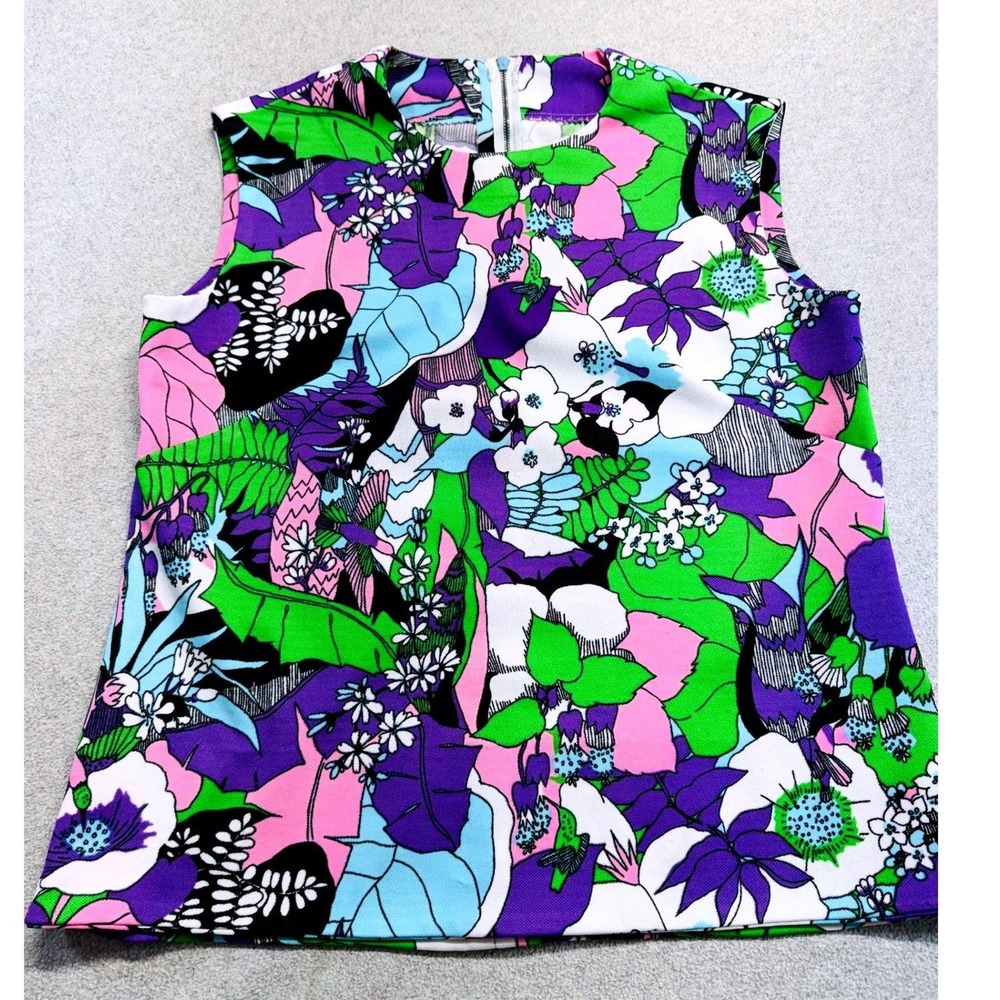 Vintage Floral Mod Blouse Womens M Multi Psychedelic 60s Sleeveless Top Boho